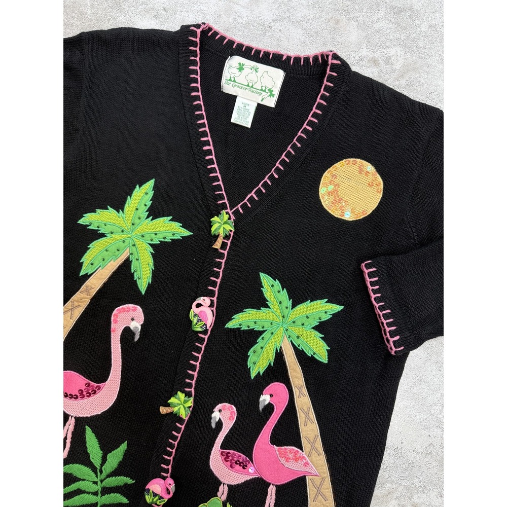 Quacker Factory Cardigan Sweater Womens Medium Black Flamingo Palm Tree Applique